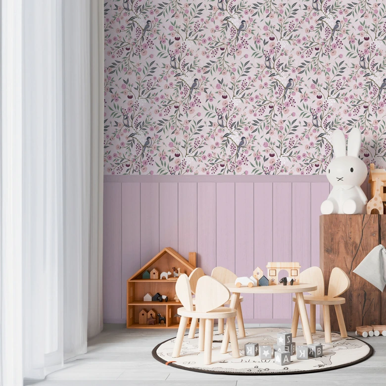 Wall Mural Birds & Branches Pink - floral sample with wooden panel - extendable non-woven wallpaper 