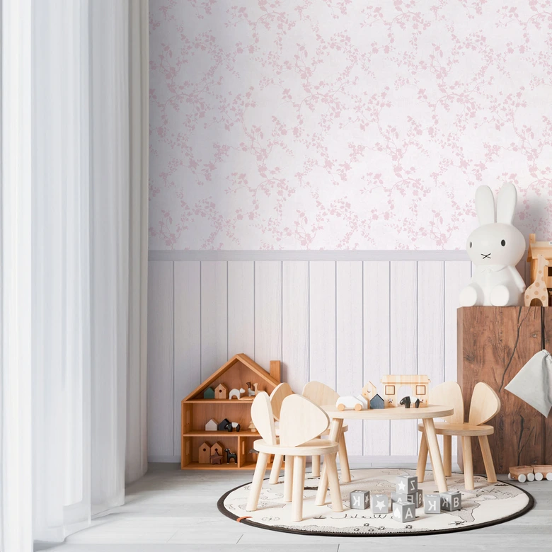 Blommigt mönster rosa - vintage stil med träpanel - utdragbar Icke-vävd tapet 