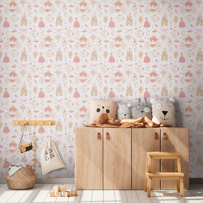 Prinses behang roze beige - kinderbehang met kasteel & koets  