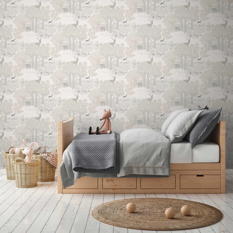 Wald-Tapete mit Tieren Beige Grau - Kindertapete mit Bär & Hirsch 