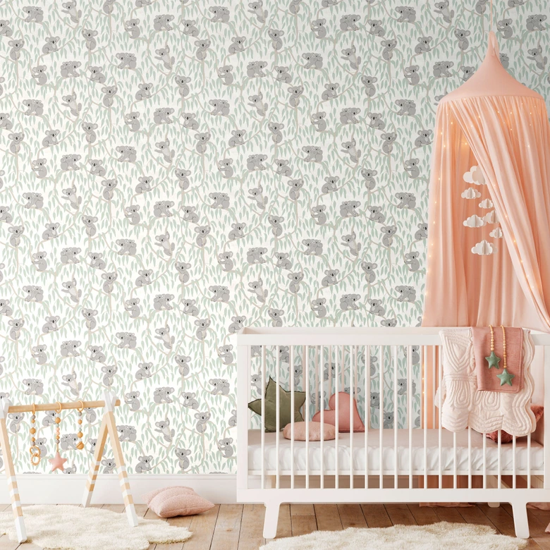 Koala-Tapete Beige Grün - Kindertapete mit Koalas auf Bäumen 