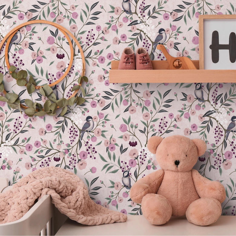 Papel pintado de muestra floral rosa violeta - pájaros y flores 