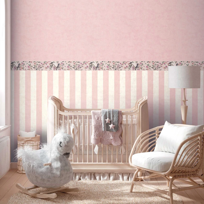 Tapetbård rosa violett med fågel - blomranka & naturmotiv 