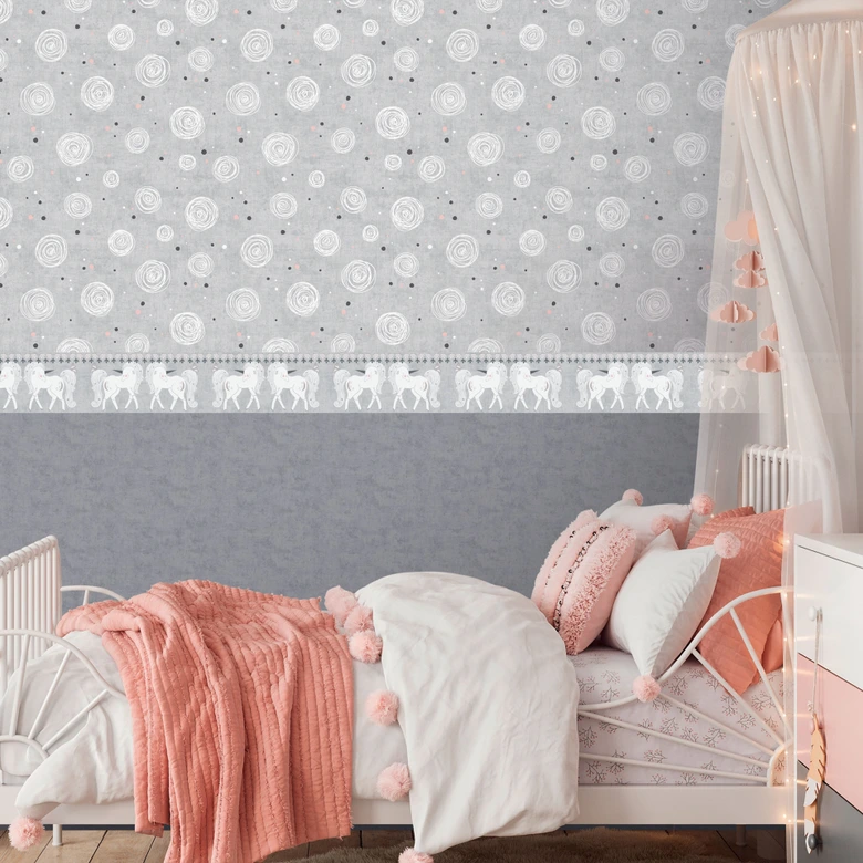 Patroonbehang grijs roze wit - Vliesbehang modern speels  