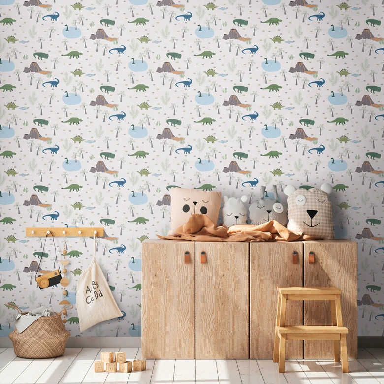 Dinosaurier-Tapete Bunt auf Beige - Vliestapete mit Vulkan und Urzeit-Motiv 
