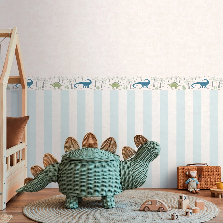 Dinosaurier-Borte Kinderzimmer Beige Grün Blau - Deko mit Urzeit-Motiv 