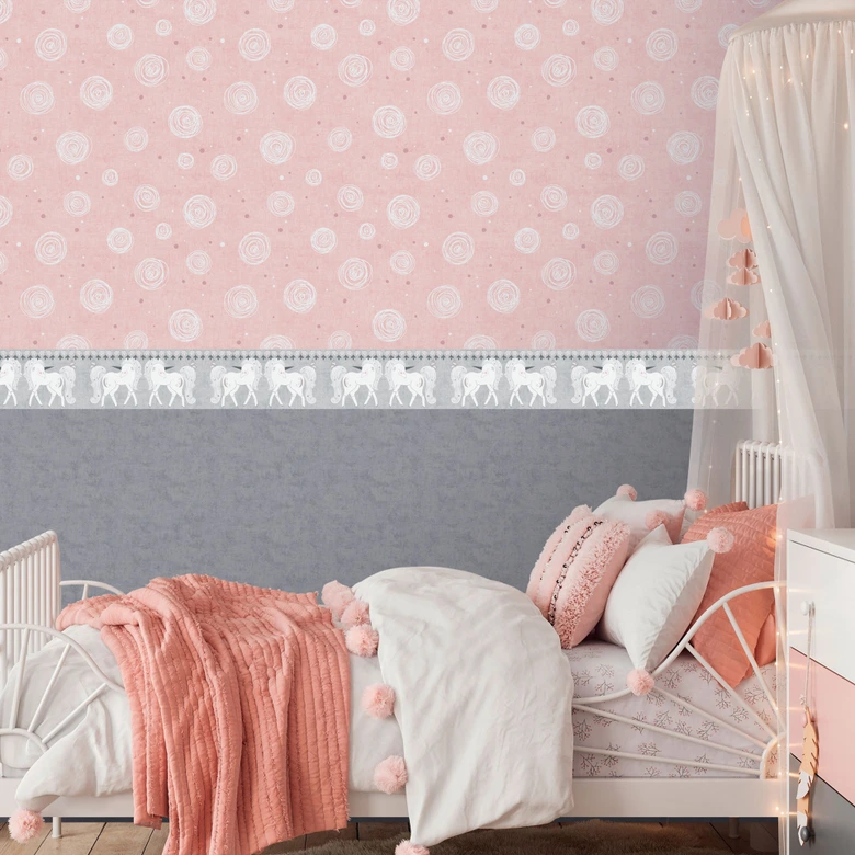 Einhorn-Borte Grau Weiß - Bordüre für Mädchenzimmer - Kindertapete mit Fabelwesen 