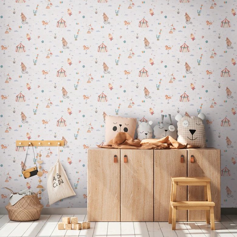 Zirkus-Tapete Hellbeige Bunt - Kinderzimmer Vliestapete mit Zirkustieren & Artistik 