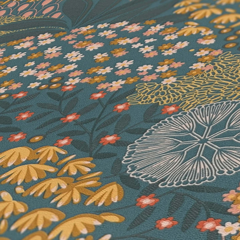 papier peint feuilles pétrole - papier peint fleuri vintage jaune bleu - papier peint intissé fleuri 