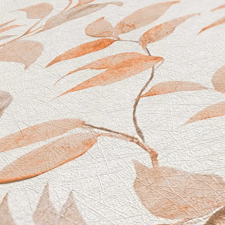 Blättertapete Orange Weiß - Florale Vliestapete - Tapete Wohnzimmer Schlafzimmer Küche 