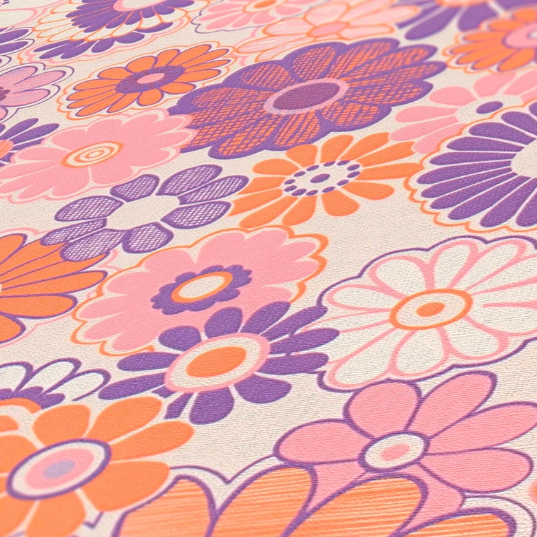 Papier peint fleuri lilas orange - papier peint floral style rétro - papier peint intissé vintage 