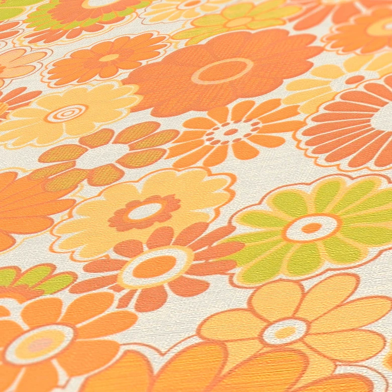 Papier peint intissé avec fleurs jaune vert - papier peint floral style rétro - papier peint à motifs vintage 