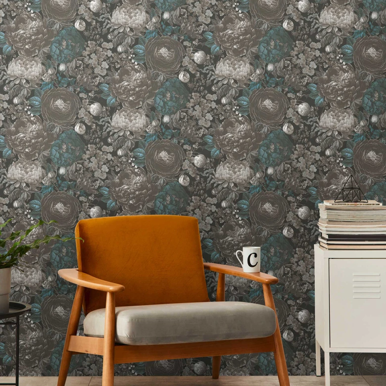 Blommig tapet med pioner svartgrå petrol - Icke-vävd tapet vintage look 
