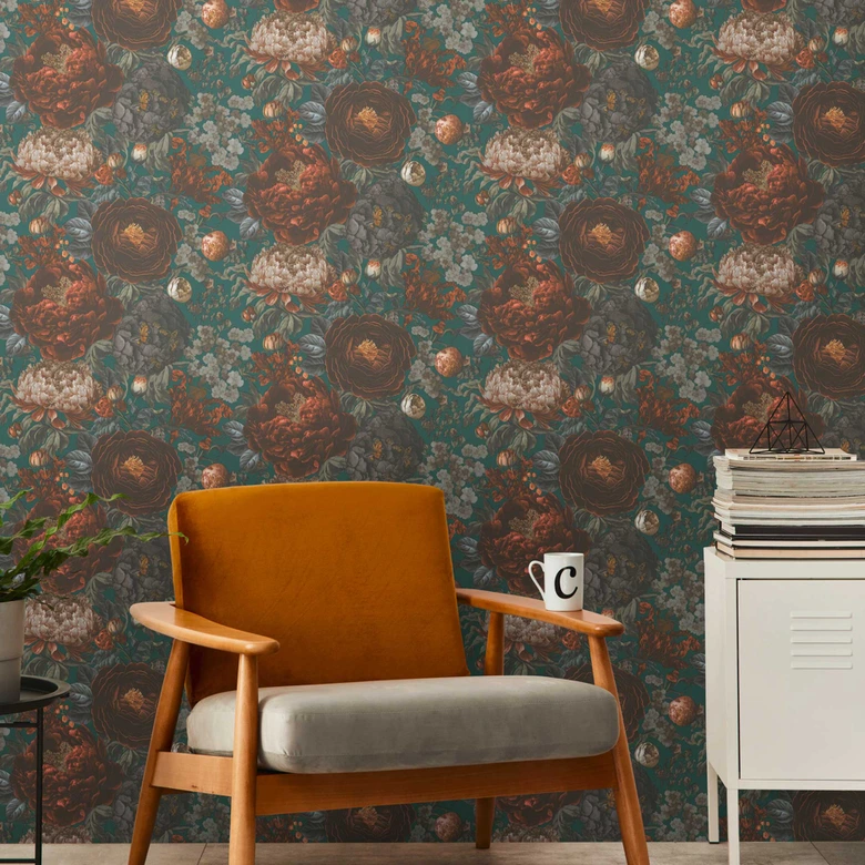 Floral wallpaper with peonies petrol brown - non-woven wallpaper vintage style 