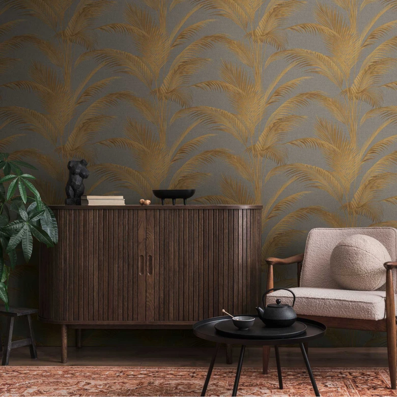 Grey gold palm tree wallpaper - non-woven wallpaper with a sophisticated sheen and tropical design 