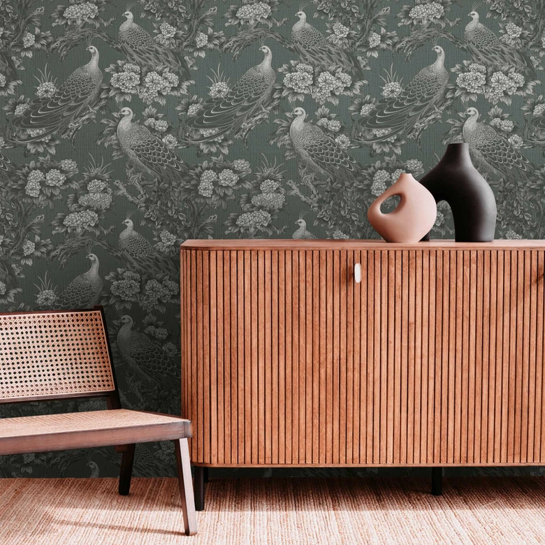 Bird wallpaper gray black - non-woven wallpaper with exotic peacocks and floral motif 