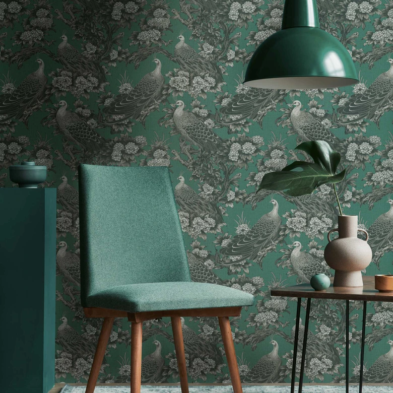 Bird wallpaper green black - non-woven wallpaper with exotic peacocks and floral samples 