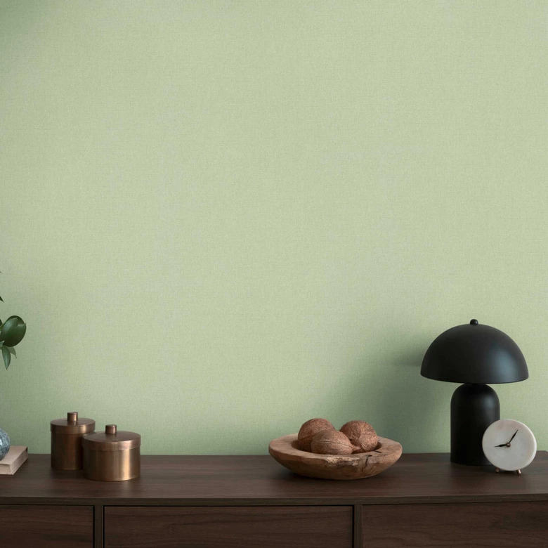 Papier peint uni vert sauge aspect lin - vinyle expansé pour une élégance intemporelle 