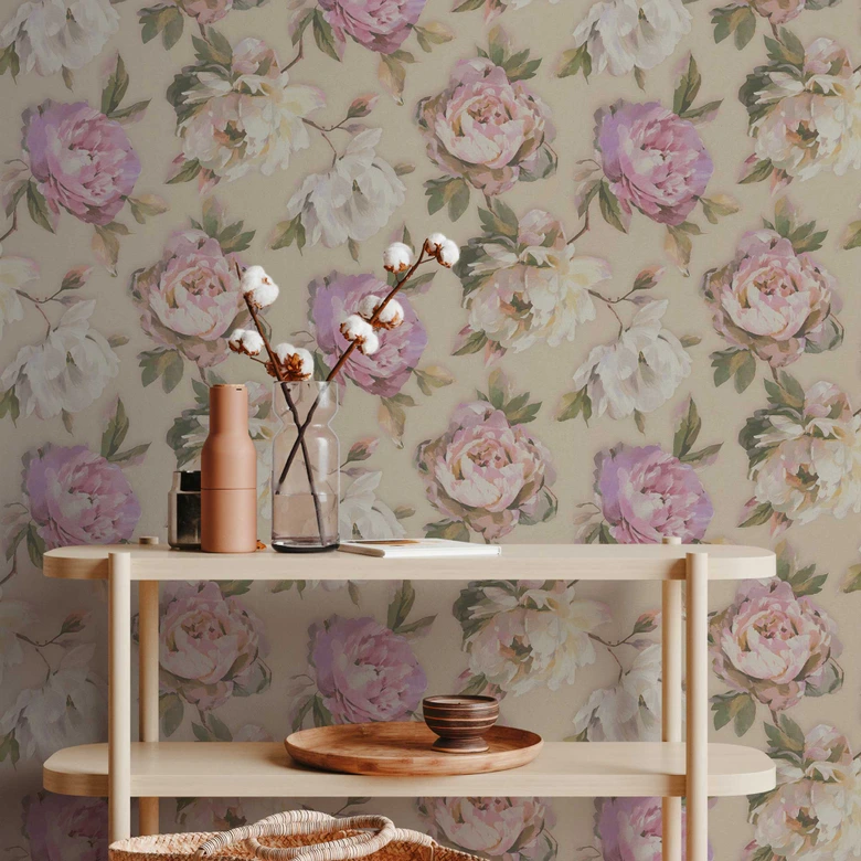Florale Tapete mit Pfingstrosen Beige Rosa – Romantische Blumentapete – Vliestapete 