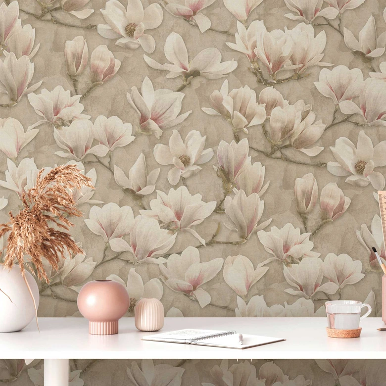 Magnolia tapet beige rosa - blommönster tapet med blommor - Icke-vävd tapet 