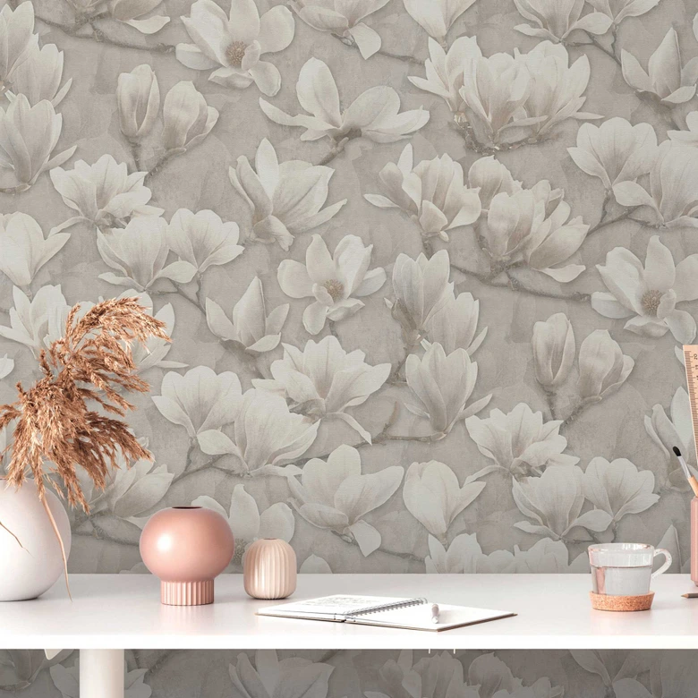 Papel pintado Magnolia beige crema - Papel pintado no tejido con motivo floral - Papel pintado floral 