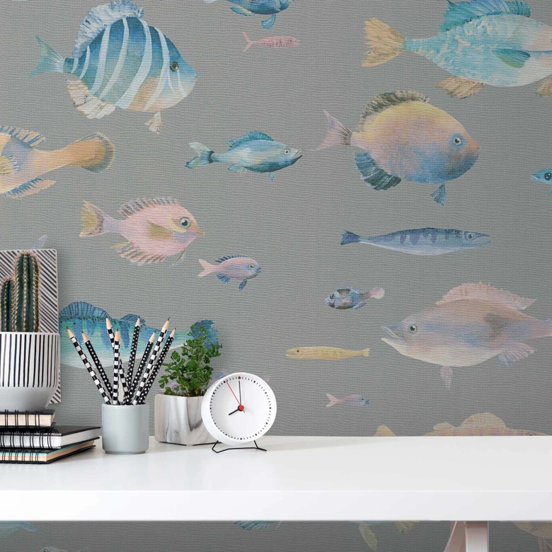 Maritime Tapete Fische Grau Blau - Vliestapete mit Unterwasser-Motiv - Kindertapete 