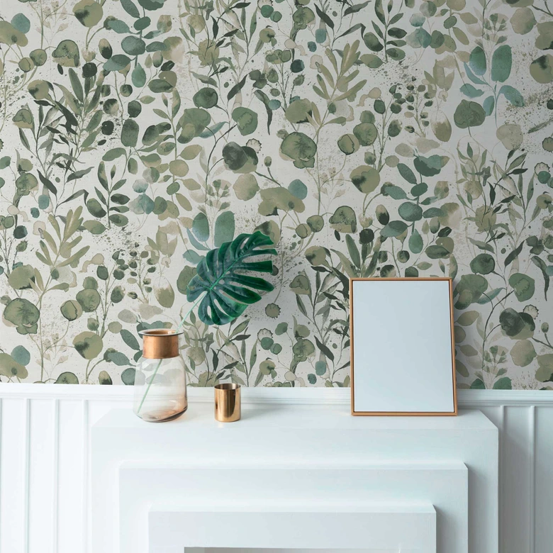 Tapeta roślinna akwarela zielona biała - Tapeta z włókniny z motywem liści - tapeta w kwiaty 