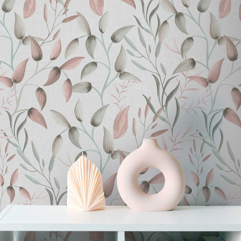 Florale Tapete Blätter Aquarell - Vliestapete in Rosa Grün Beige - Pflanzen-Tapete 