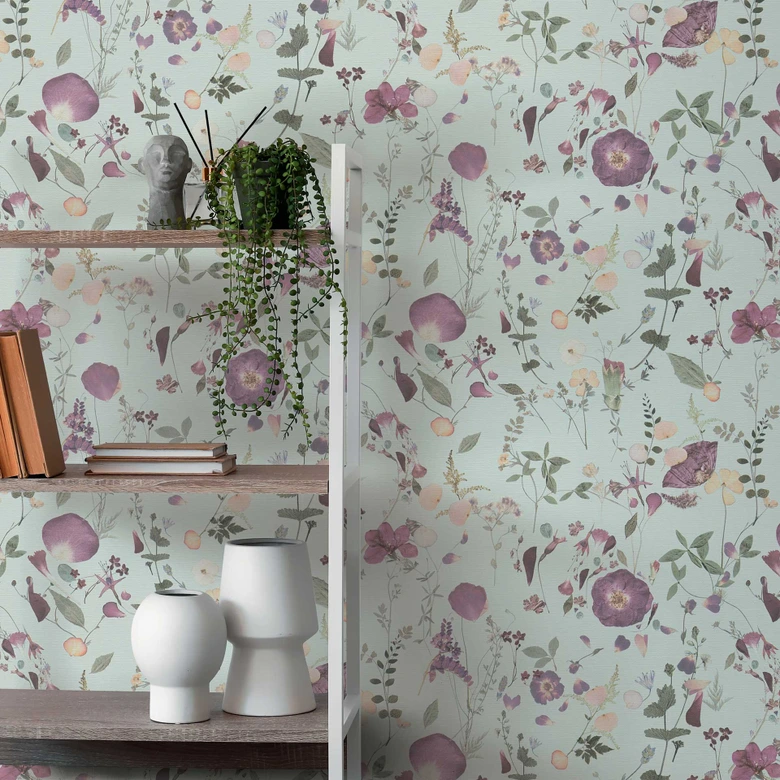 Florale Tapete Blumen Aquarell - Vliestapete in Flieder Grün Creme - Romantische Blumentapete 