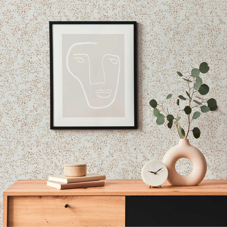 Blommig tapet blad rankor akvarell - Icke-vävd tapet i beige brun - tapet med naturligt mönster 