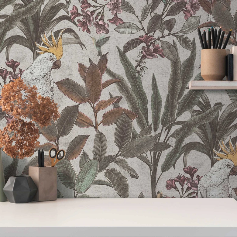 Dschungel-Tapete mit Kakadu - Vliestapete Beige Grün Lila - Exotische Mustertapete 