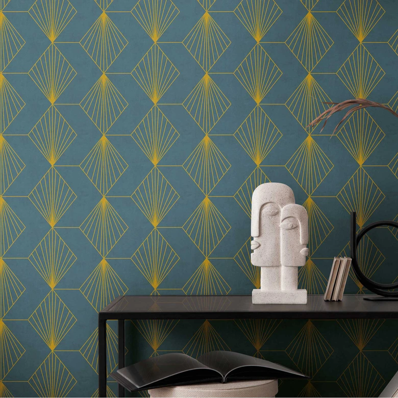 Geometrische Art Deco-Tapete Dunkelblau Gold - Mustertapete modern - Vliestapete 