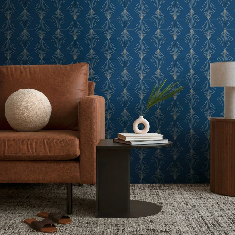 Geometrische Art Deco-Tapete Blau Silber - Mustertapete modern - Vliestapete 