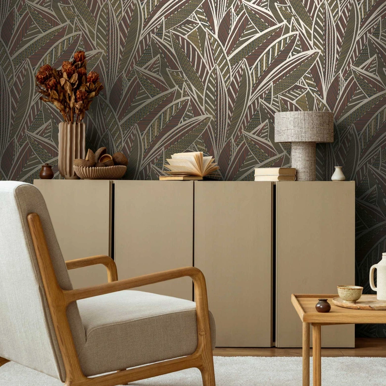 Djungel tapet med bladmönster brun svart guld - exotisk Icke-vävd tapet modern 