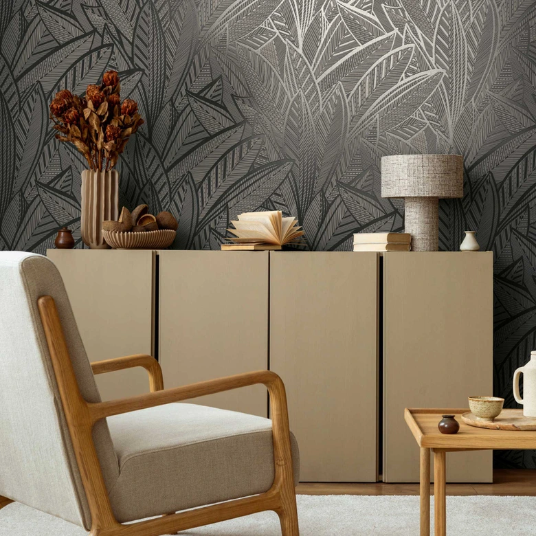 Dschungel-Tapete mit Blattmuster Schwarz Grau – Moderne Vliestapete elegant & ausdrucksstark 