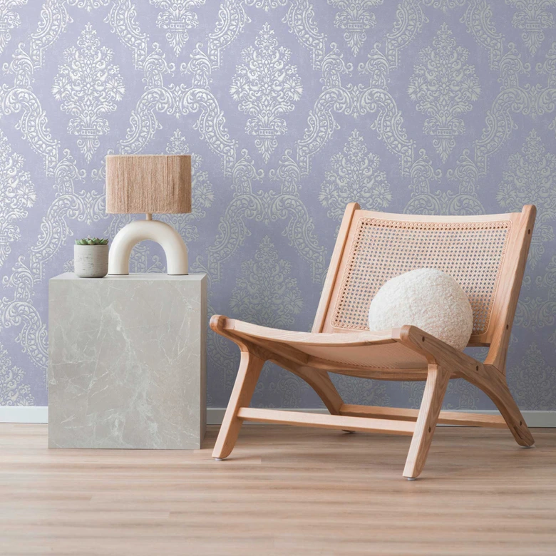 Barock-Tapete Ornament Hellblau Silber – Vliestapete mit Struktur  