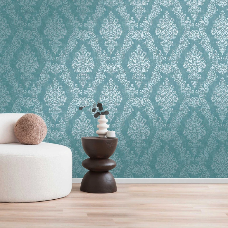 Papel pintado azul turquesa ornamental barroco - Papel pintado no tejido clásico con relieve - Papel pintado de muestra  