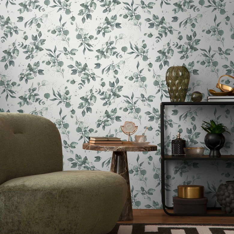 Florale Aquarell-Tapete Grün Grau – Vliestapete mit Blättern – Botanisches Muster 