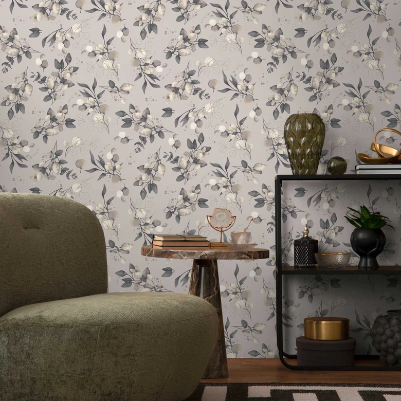 Florale Aquarell-Tapete Taupe Beige – Vliestapete mit Blättern – Naturmuster modern 