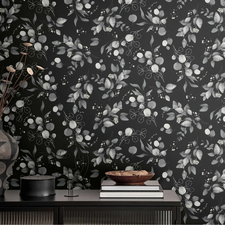 Florale Aquarell-Tapete Schwarz Grau – Vliestapete mit Blättern – Elegantes Naturmotiv 