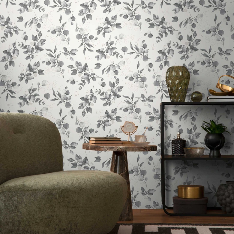 Bloemen aquarel behang wit grijs - Vliesbehang met bladeren - licht patroon behang modern 