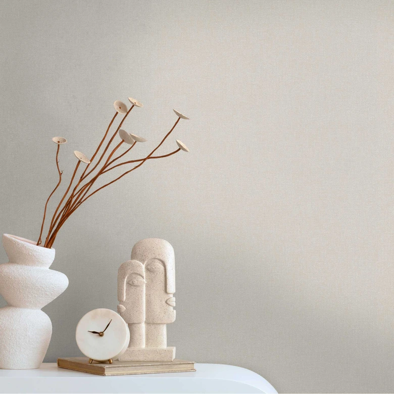 Single wallpaper with linen look beige - Textured non-woven wallpaper - Plain & subtle 