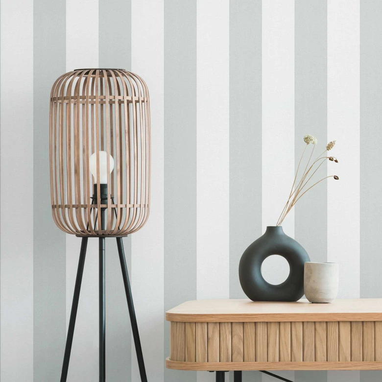 Papel pintado a rayas verde salvia blanco gris - Papel pintado no tejido de textura fina moderno 