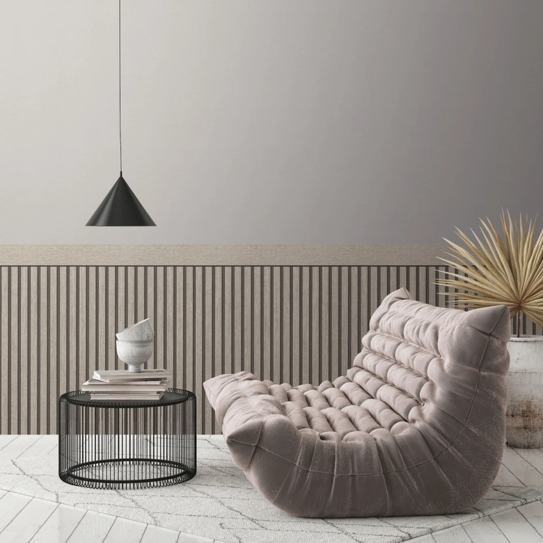 Vliesbehang akoestische look grijs zwart - Vliesbehang met 3D houtstructuur 