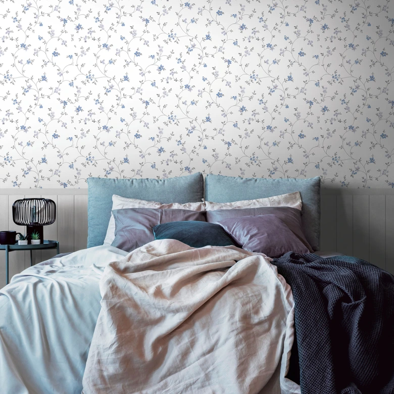 Bloemen Fotobehang met houten paneel blauw wit - Romantisch & uitbreidbaar 