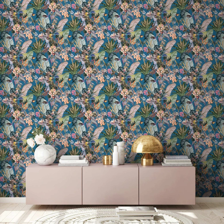 A.S. Création Dschungeltapete Dream Flowery Vliestapete tropisch blau, gelb, grün, beige 