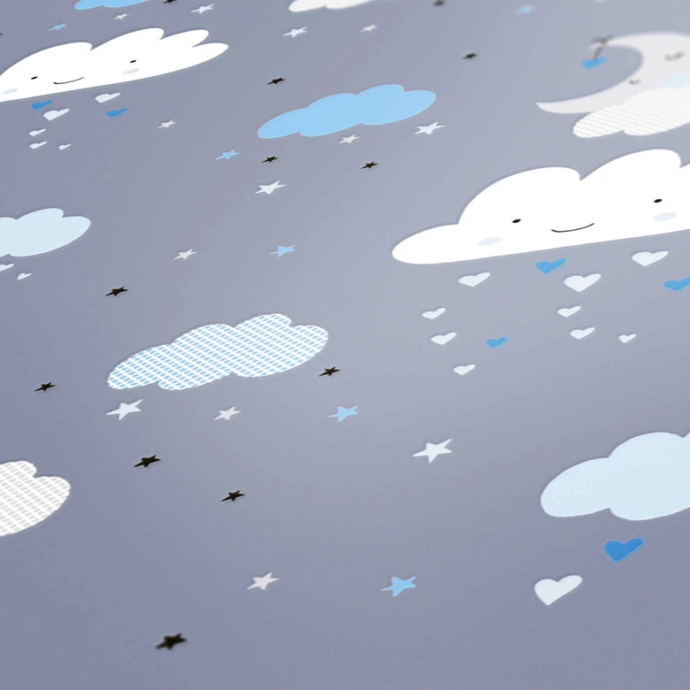 Magical night sky: nursery wallpaper with clouds and stars in blue and grey 