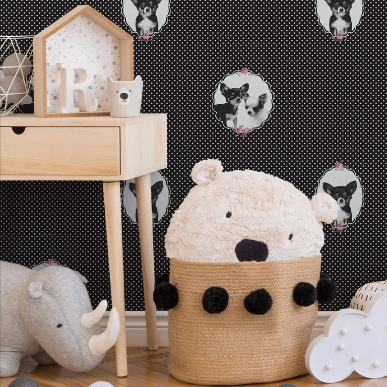 A.S. Création Vliestapete Little Stars Kinderzimmertapete mit niedlichen Hunden für Mädchen schwarz, lila 