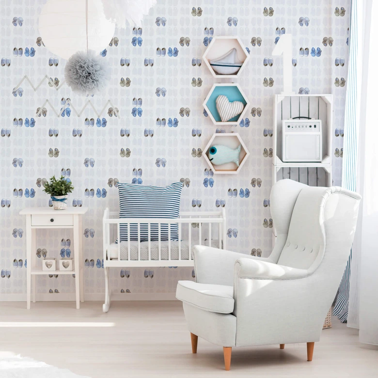 A.S. Création Vliestapete Little Stars Kinderzimmertapete mit Babyschuhen für Babys blau, weiß 
