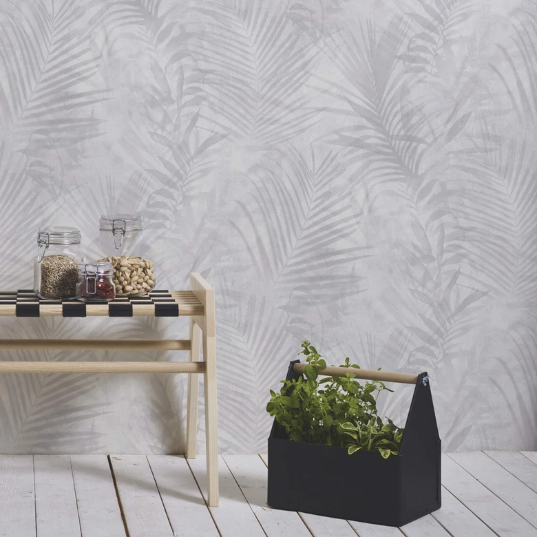 A.S. Création Papier peint Intissé Neue Bude 2.0 Edition 2 feuilles de palmier gris, blanc, crème 